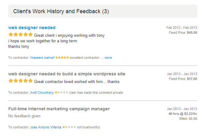Freelance clients work history and feedback