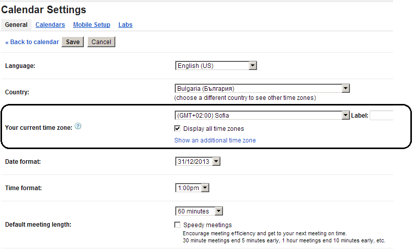 Your current time zone in Google calendar