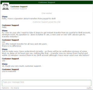 PaypalToSkrill dot com website scam - Diana chat with support
