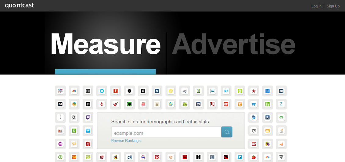 Screenshot of Quantcast homepage - search field in the middle of the screen